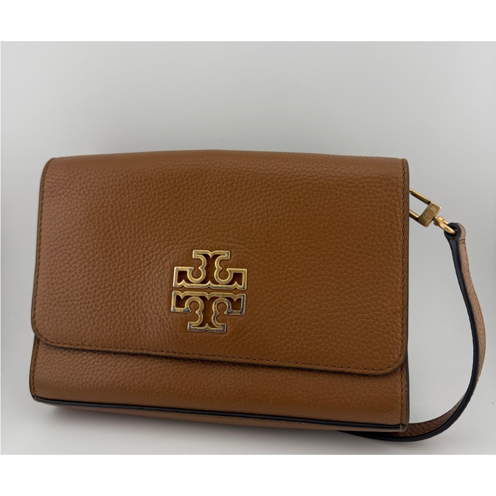 Tory Burch Brown Clutch with Gold Logo